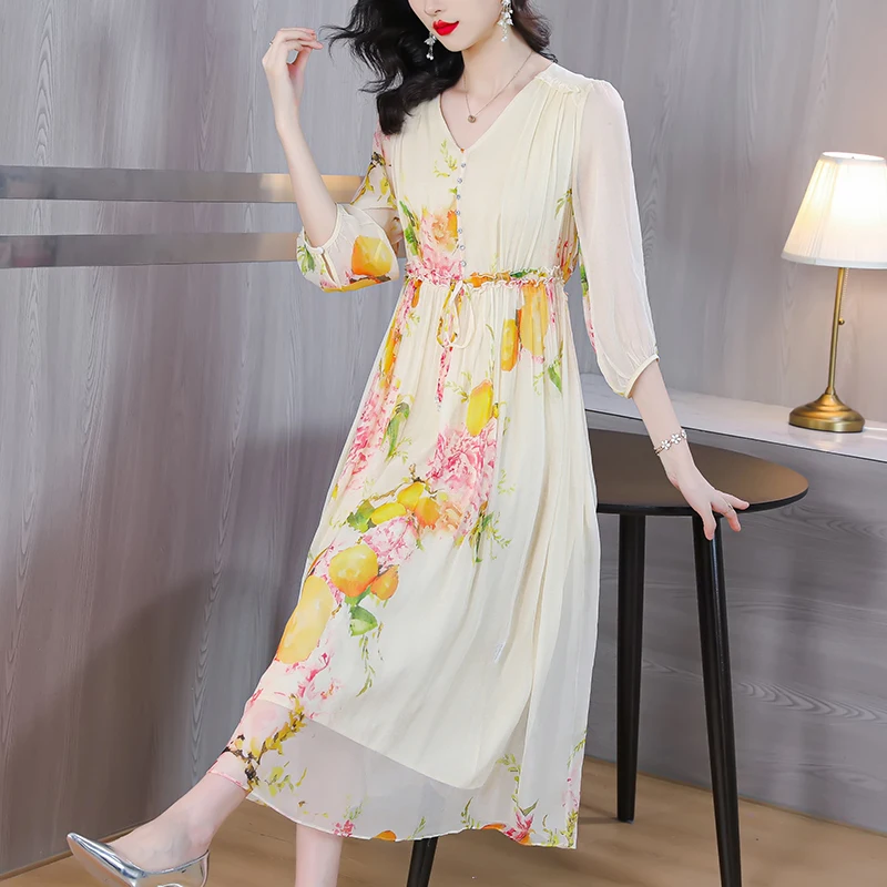 

Новинка 2024, шелковое платье с цветочным рисунком, летнее Элегантное повседневное пляжное праздничное платье, женское модное свободное вечернее платье в Корейском стиле