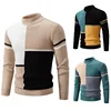 Autumn Winter Men's Casual Knitted Sweater Half High Collar Pullover Color Block Stripe Design Trendy Warm Base Layer Top
