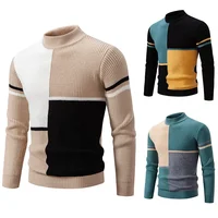 Autumn Winter Men's Casual Knitted Sweater Half High Collar Pullover Color Block Stripe Design Trendy Warm Base Layer Top