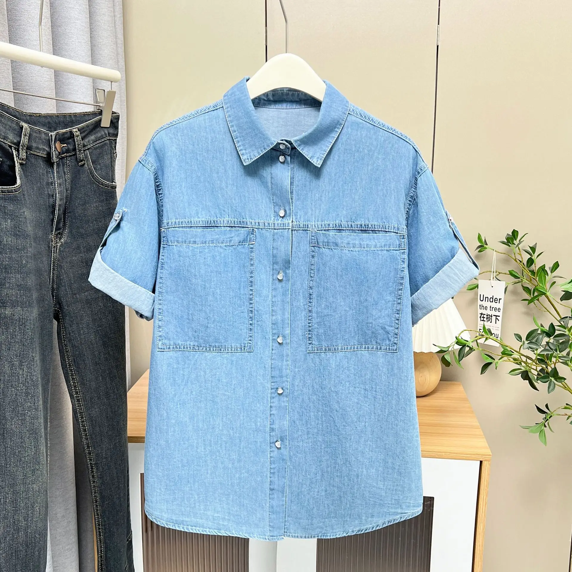 100kg Summer Blouses Fashionable New Half Sleeve Denim Shirt Plus Size Women's Top 7149