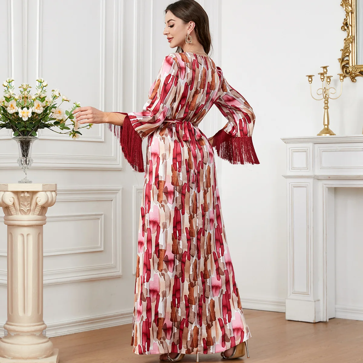 Maxi Dress for Women Summer 2023 New Tassel Patchwork O Neck Long Sleeve Elegant Ethnic Print Arab Dubai Muslim Dess Clothes
