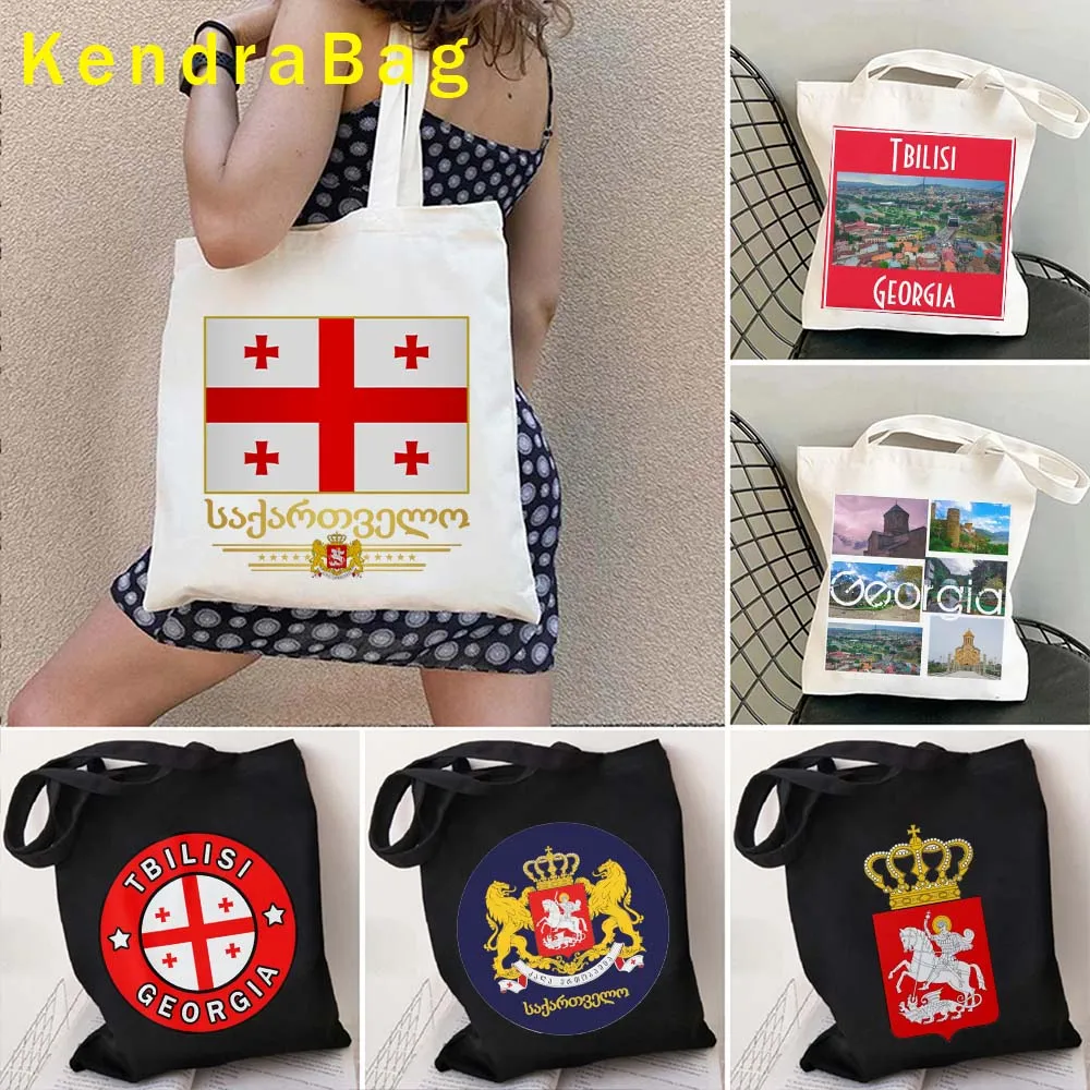 

Georgia Flag Map Coat of Arms Tbilisi Ananuri Castle Georgian Cityscape Architecture Kazbegi Borjomi Canvas Tote Bag Eco Handbag