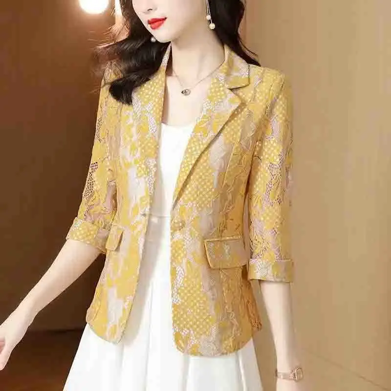 2023 New Spring and Summer Fashion Commuting Simple Temperament Lace Hollow Out Jacquard Casual Versatile Women's Suit Blazer