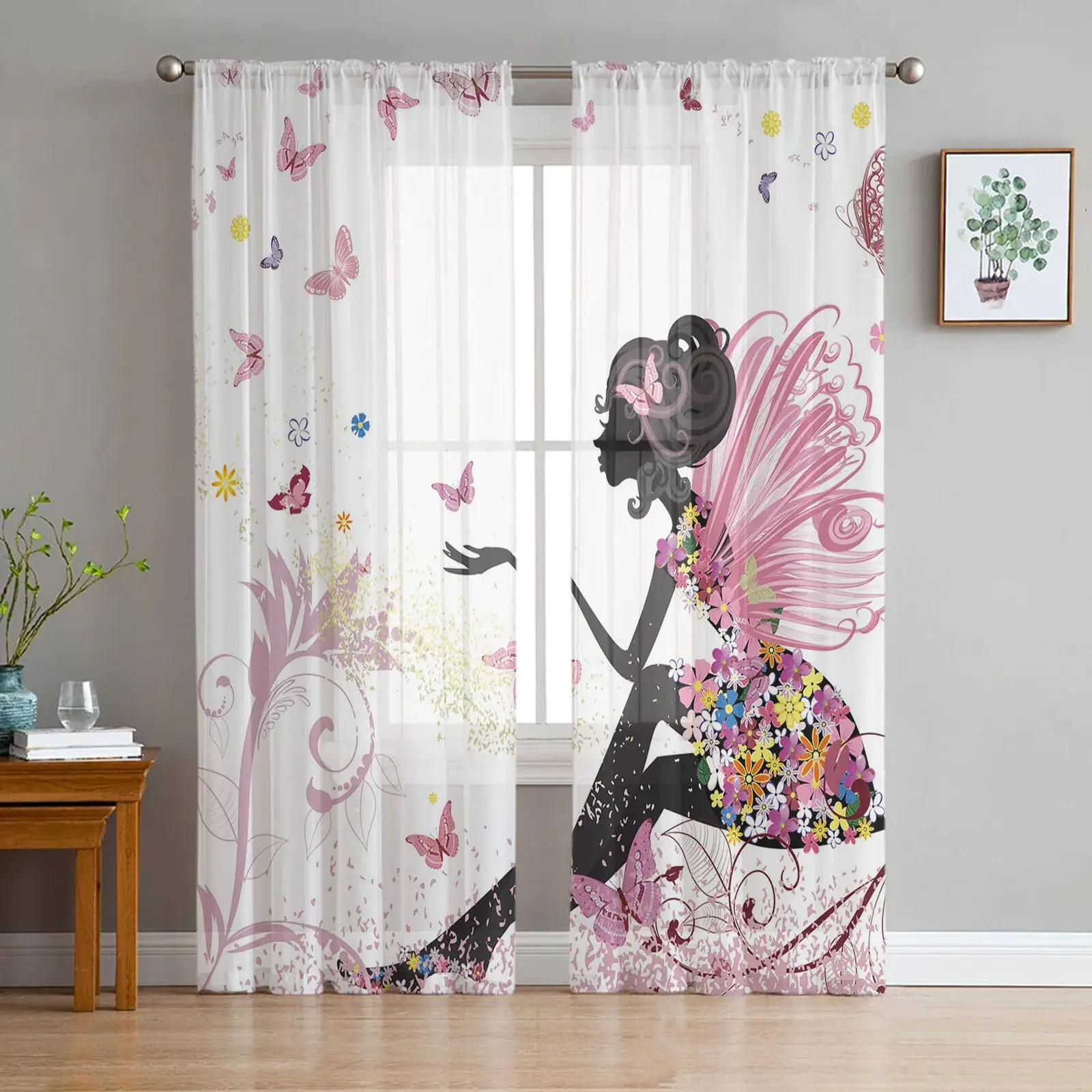 

Small Fresh Floral Butterfly Girl Printed Curtains, Suitable For Bedroom, Office, Living Room, Kitchen And Home Decoration 2pcs