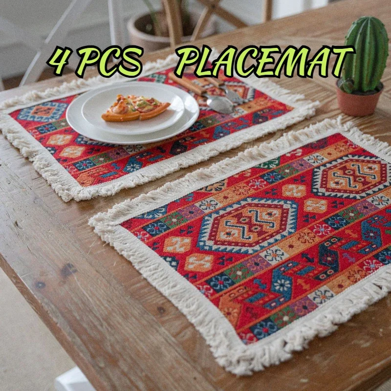 

4PCS Jacquard Placemat Embroidery Tassel Handmade Cut Flower Western Dinner Mat Dining Side Cabinet Kitchen Table Napkin Flag