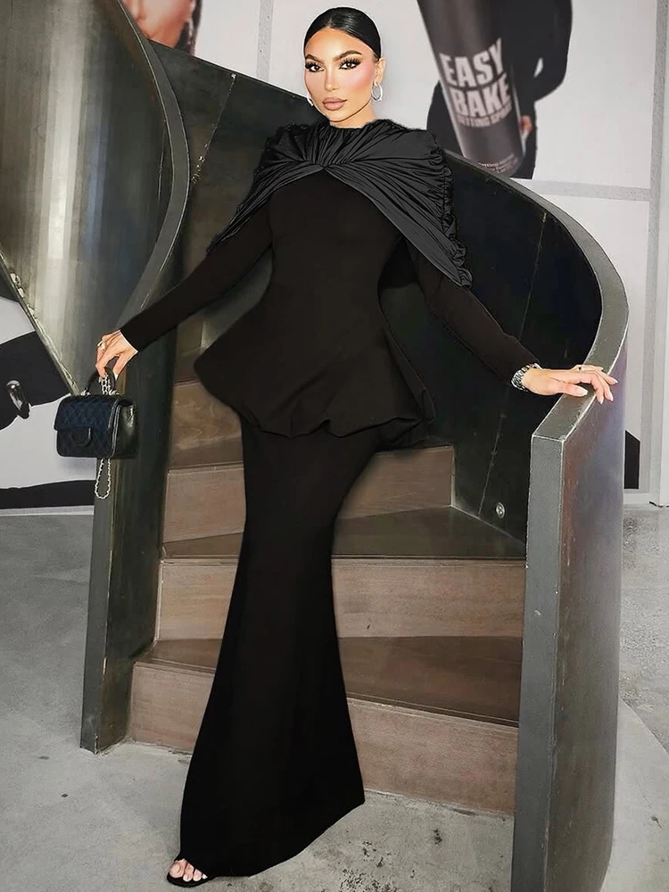 Nibber Elegant 2-Piece Set Women Folds Zipper Full Sleeve o-Neck Puffy Hem Tops+Simple Long Skirts Solid Fashion Banquet Suit