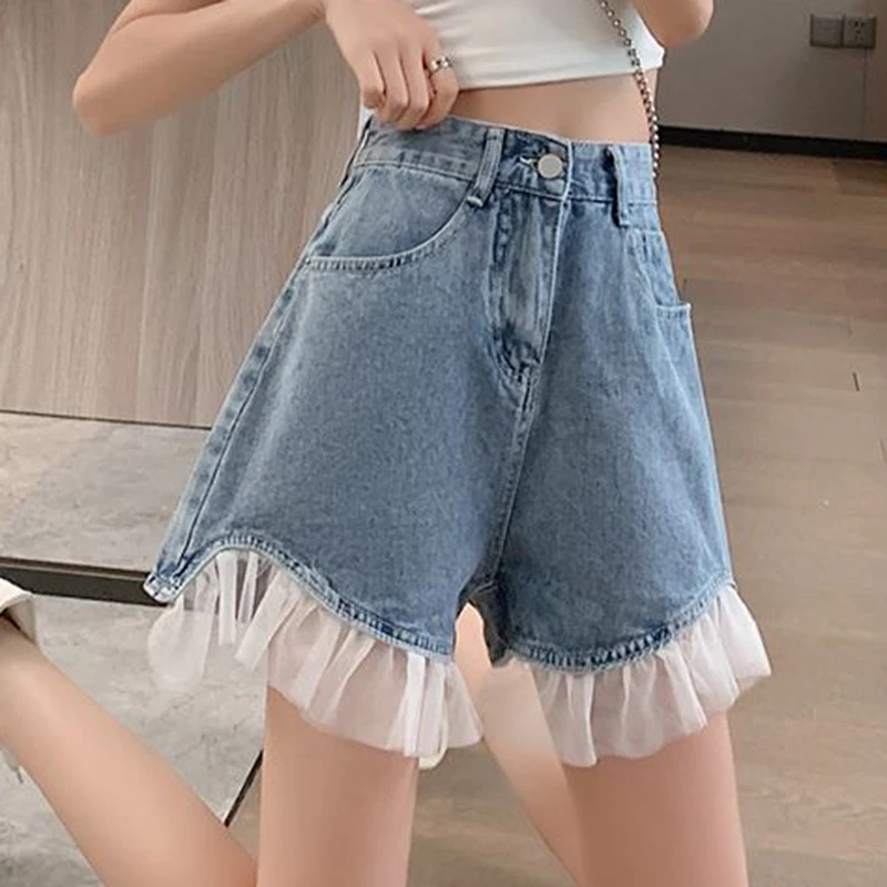 High Waist Design Denim Shorts Women's Summer New  Loose Slim Mesh Panel Wide Leg Hot Pants  jeans