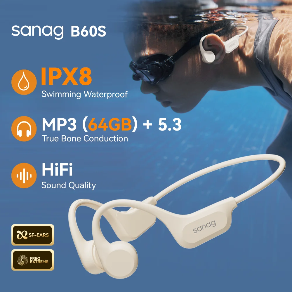Sanag B60S Bone Conduction Earphone IPX8 Swimming Bluetooth Headphones Wireless Open Headset 64GB MP3 with Microphone Earbuds