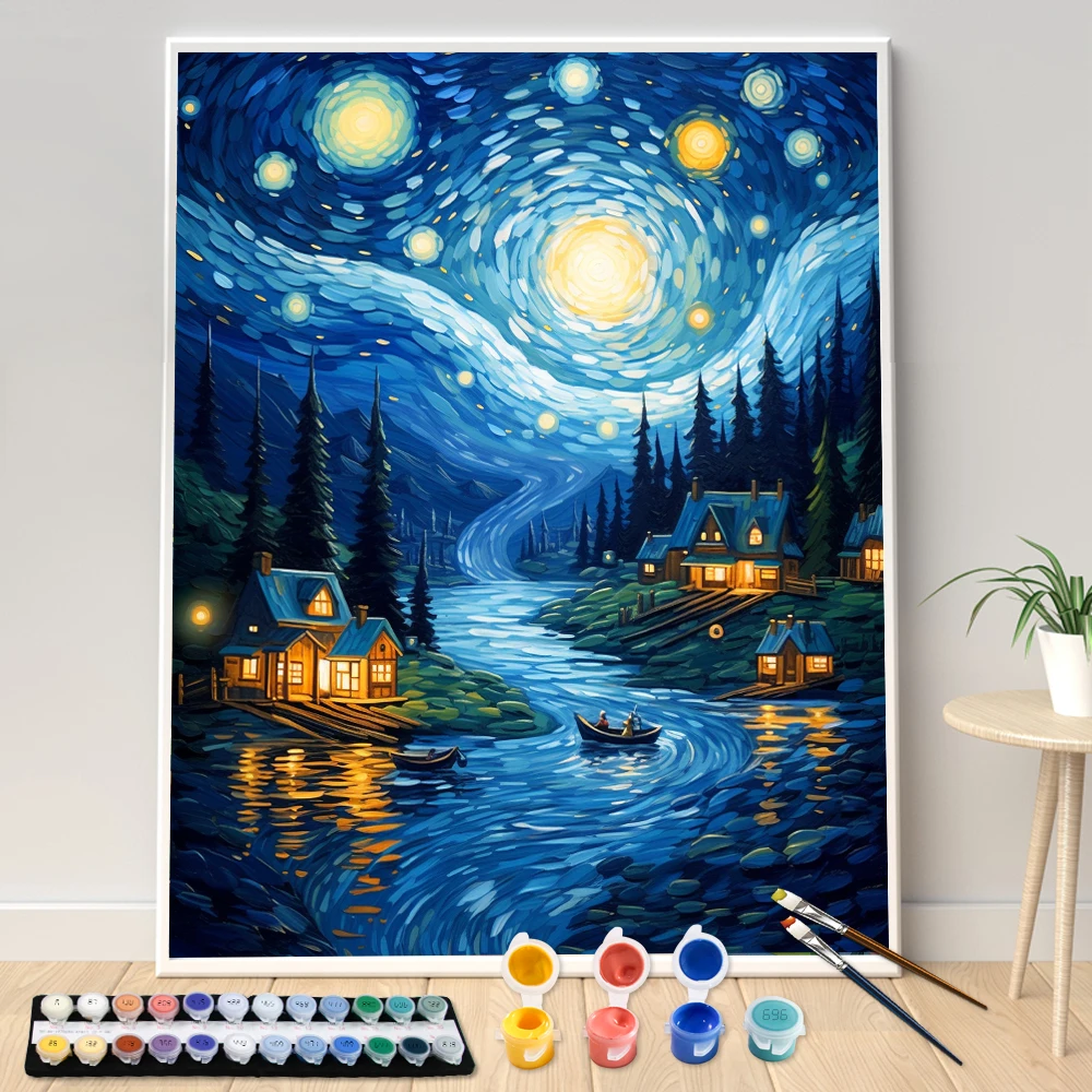 

Landscape Oil Painting by Numbers Kit, DIY Acrylic Artwork, Hand Paint, Forest Under the Stars, Seascape Art Gift, Home Decorati