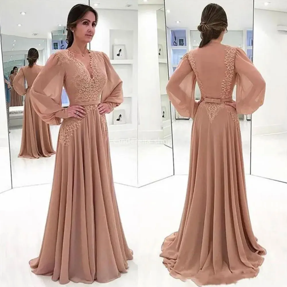 

A line Lace Chiffon Prom Dresses Mother of the Bride Long Sleeves Pink V Neck Evening Gown Belt Formal Vestidos Sweep Train 2024