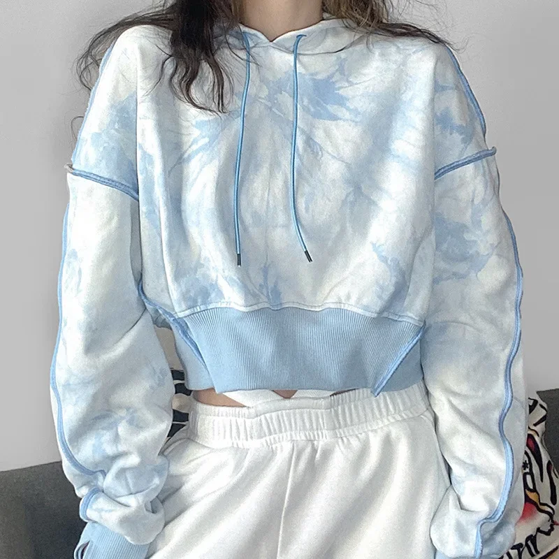 Fall and Winter New 2023 Women's Short Loose Fashion Tie-dye Hooded Long Sleeve Blue Pullover Female Korean Hoodies Sweatshirt