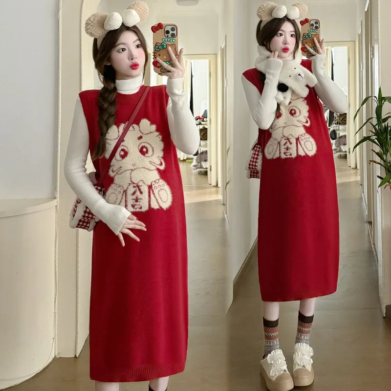 Christmas Theme Pregnant Women's Outfit Thick Vest Dress Bottoming Shirt Age Reduction Dragon Year Real Shot Autumn Winter Set