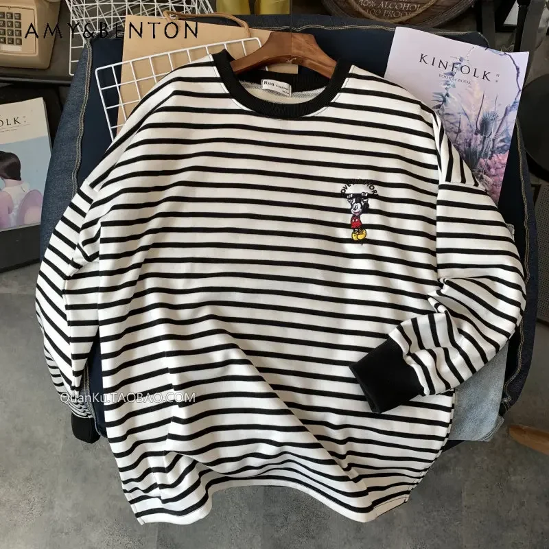 Potdemiel Spring Autumn Thin Loose Oversize Sweatshirts For Ladies Simple Fashionable Embroidered Cotton Striped Pullovers Women