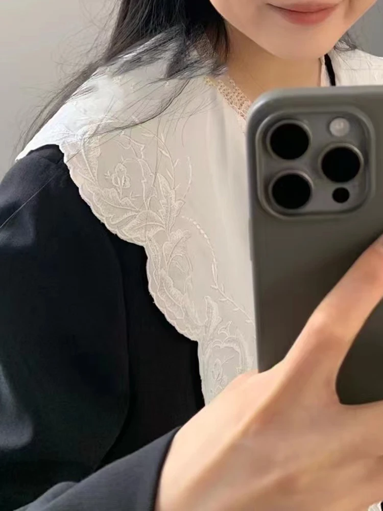 [LANMREM] Lace Spliced Mid-length Blazers For Women Double Breasted Long Sleeve Office Lady Jackets 2024 Spring New 26D8895