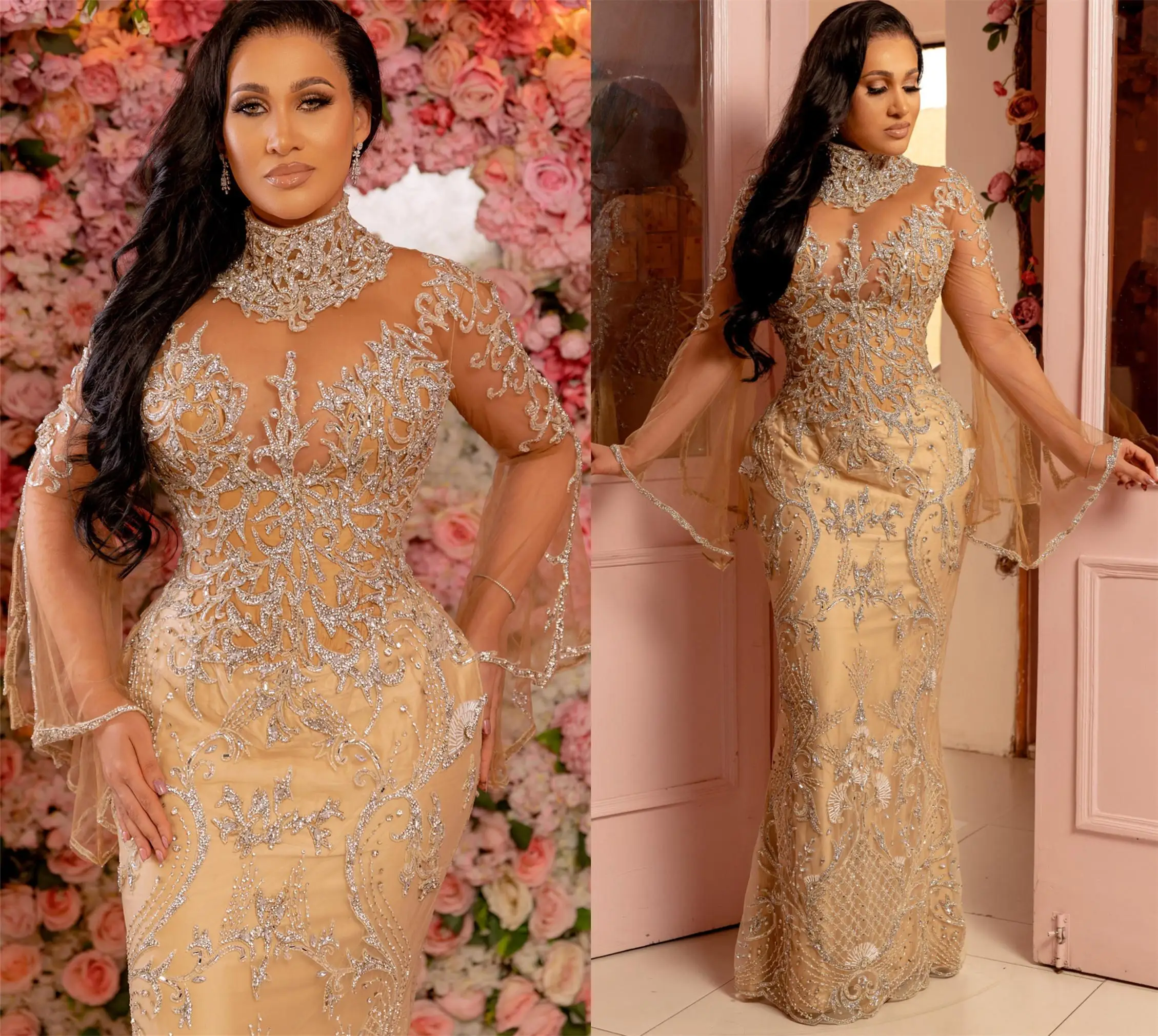 

Gold Arabic Aso Ebi Luxurious Mermaid Prom Dresses Lace Beaded Crystals Long Sleeves Evening Formal Party Second Reception Gowns