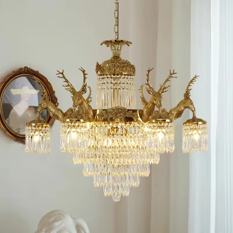 European rococo style full brass lamp k9 crystal shade deer antler fish chandelier centerpieces