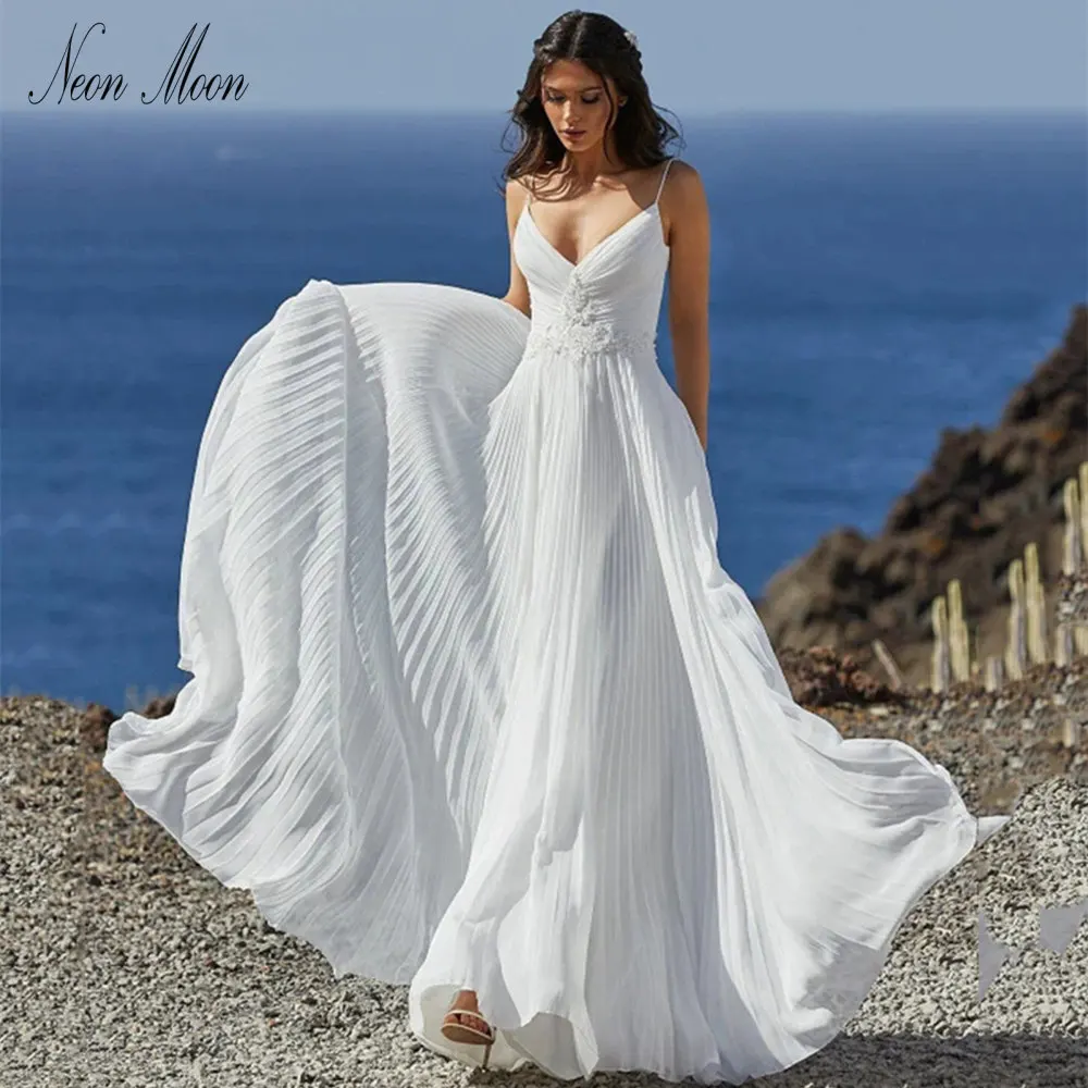 

Beach Bohomian V-neck A-line Wedding Gown Sleeveless Draped Pleat Wedding Dress Open Back Floor-length Vestidos De Novia