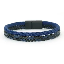 Men's Braided Leather Double - Layer Bracelet with Magnetic Clasp - Outdoor Sport Style Punk Cool Handmade Gift (Navy)