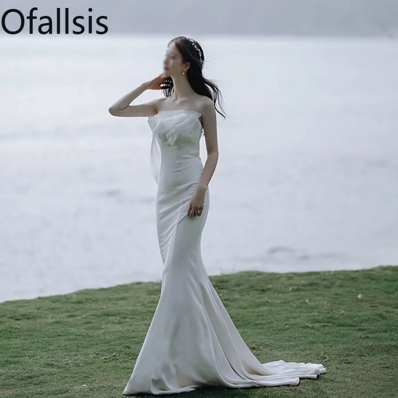 

Ofallsis Strapless Satin Fish Tail Light Wedding Dress 2024 Summer New Elegant Bride Simple Outdoor French Tail Wedding Dresses