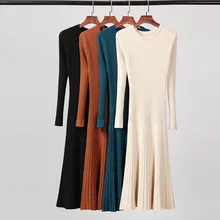 

Knitted Women's Dress Winter Long Sleeve Solid Casual Dress for New Year 2022 A-Line Mid-Calf O-Neck Warm Female Dress Woman New