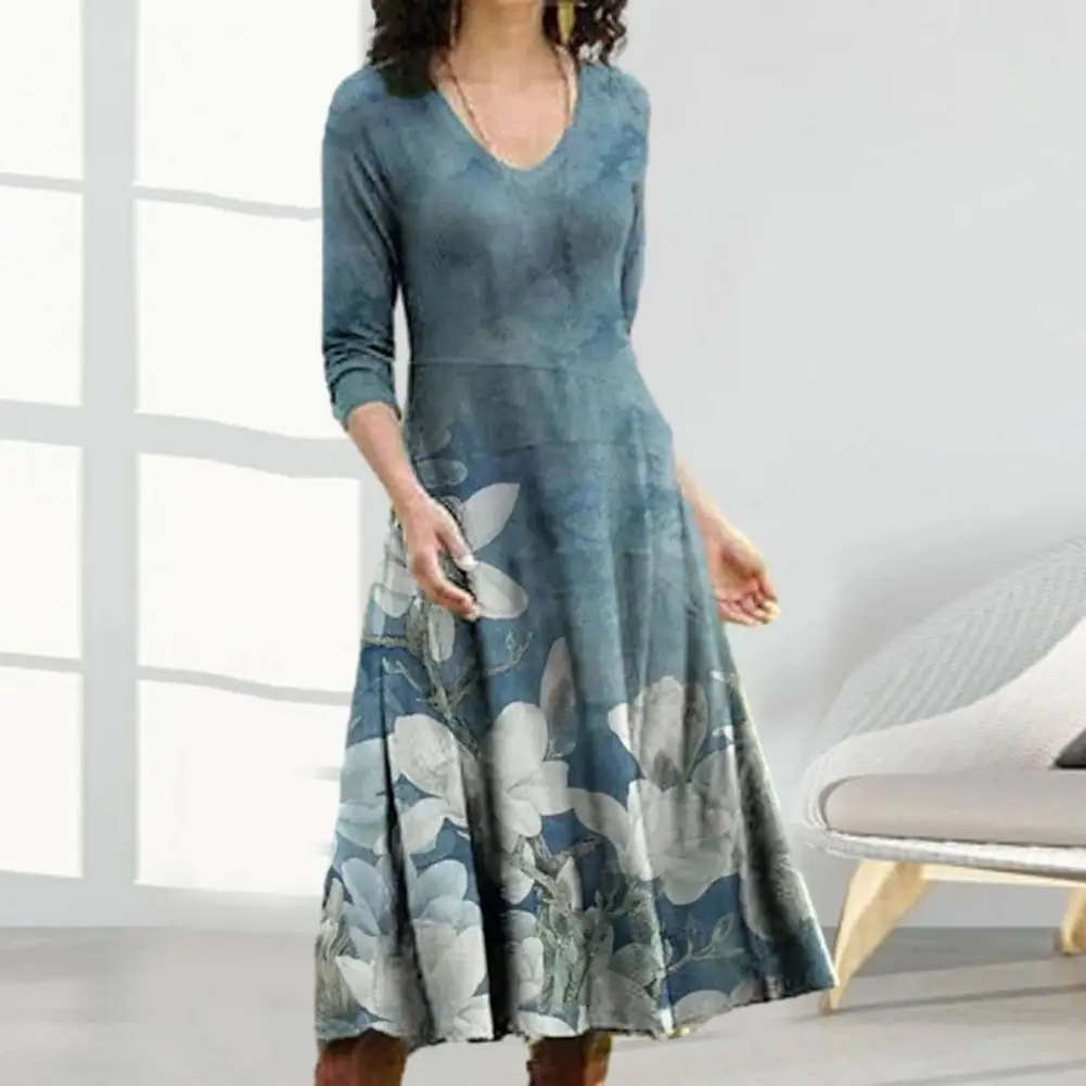 

Swing Dress Elegant Vintage Floral Midi Dress with V-neck Swing for Autumn Parties Wear 3/4 Sleeve A-line Robe for Women Soft