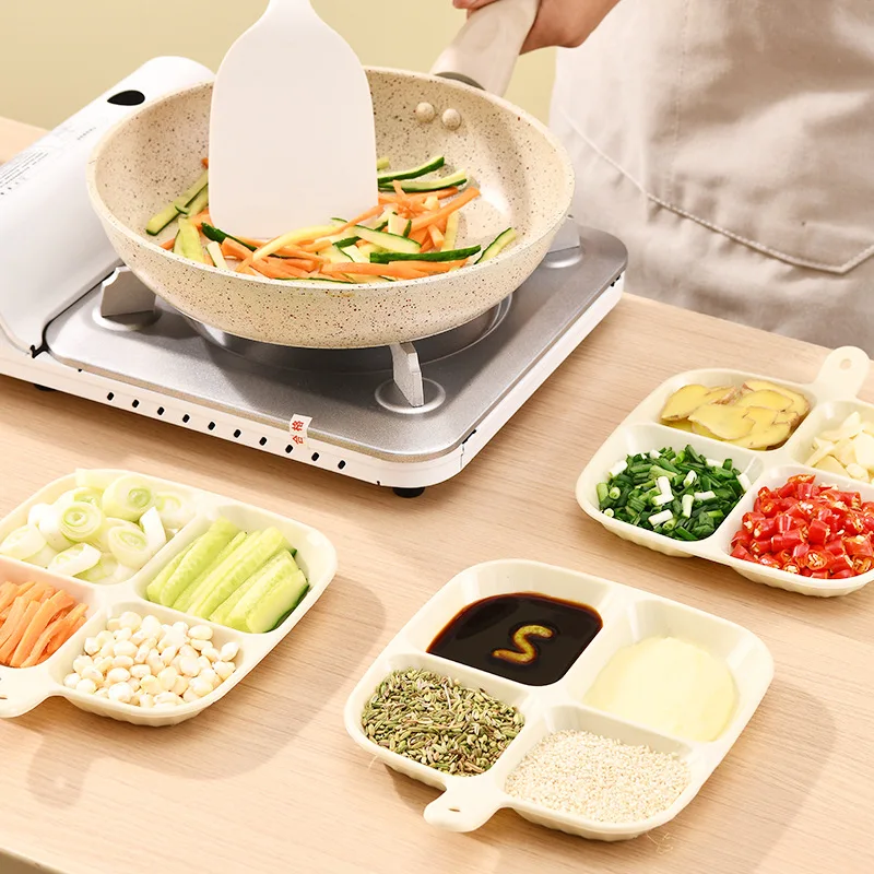 Four Compartment Side Dish Tray Handle Anti-Scalding Dinner Plate Hangable Ginger Garlic Storage Tray Home Kitchen Tool stainless steel plates