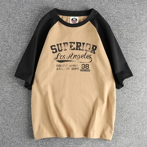 Double cotton fabric retro letter pattern shoulder color short sleeve T-shirt men loose comfortable casual half sleeve