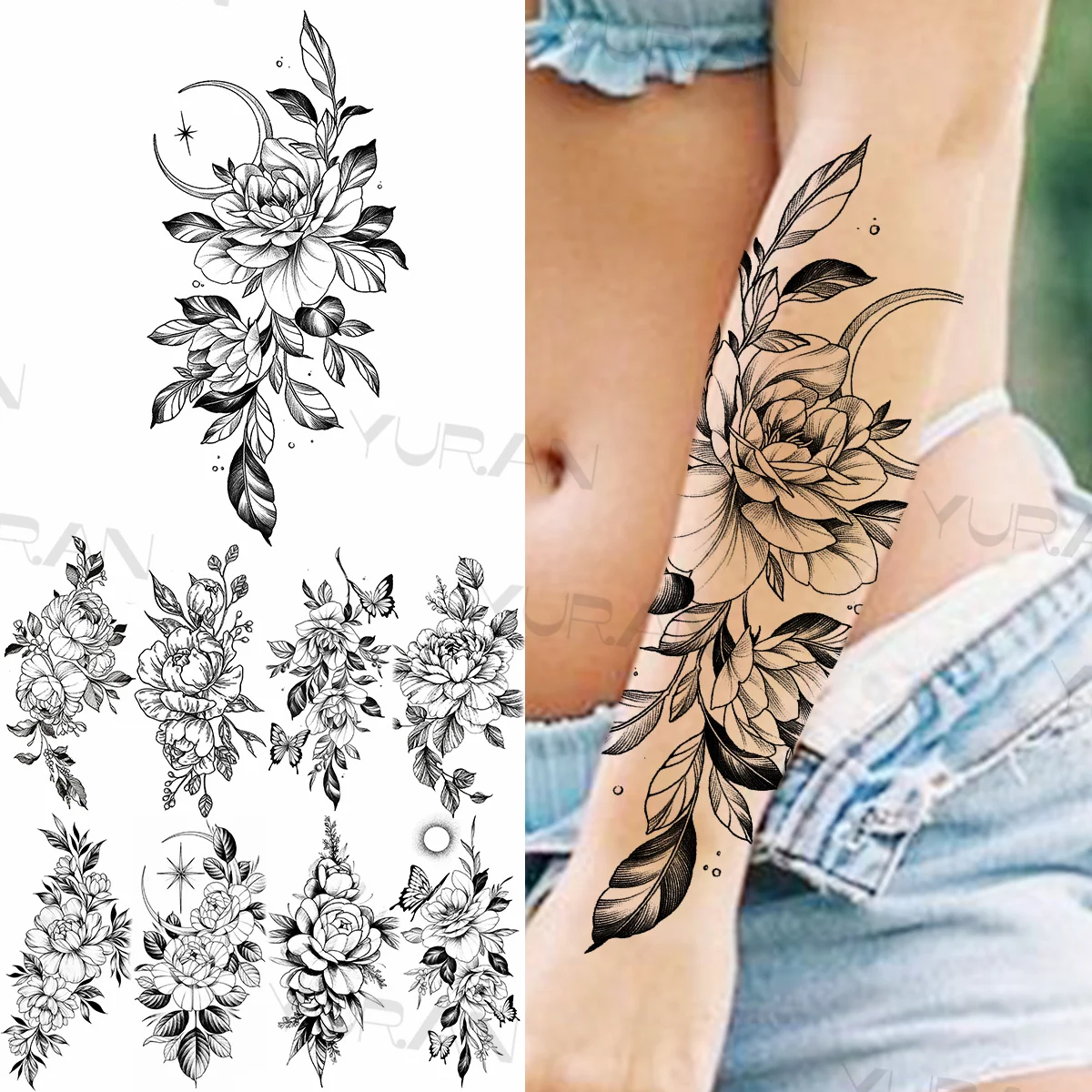 

Large Flower Temporary Tattoos For Women Girls Realistic Dahlia Butterfly Flora Fake Tattoo Sticker Forearm Waist Tatoos Sexy