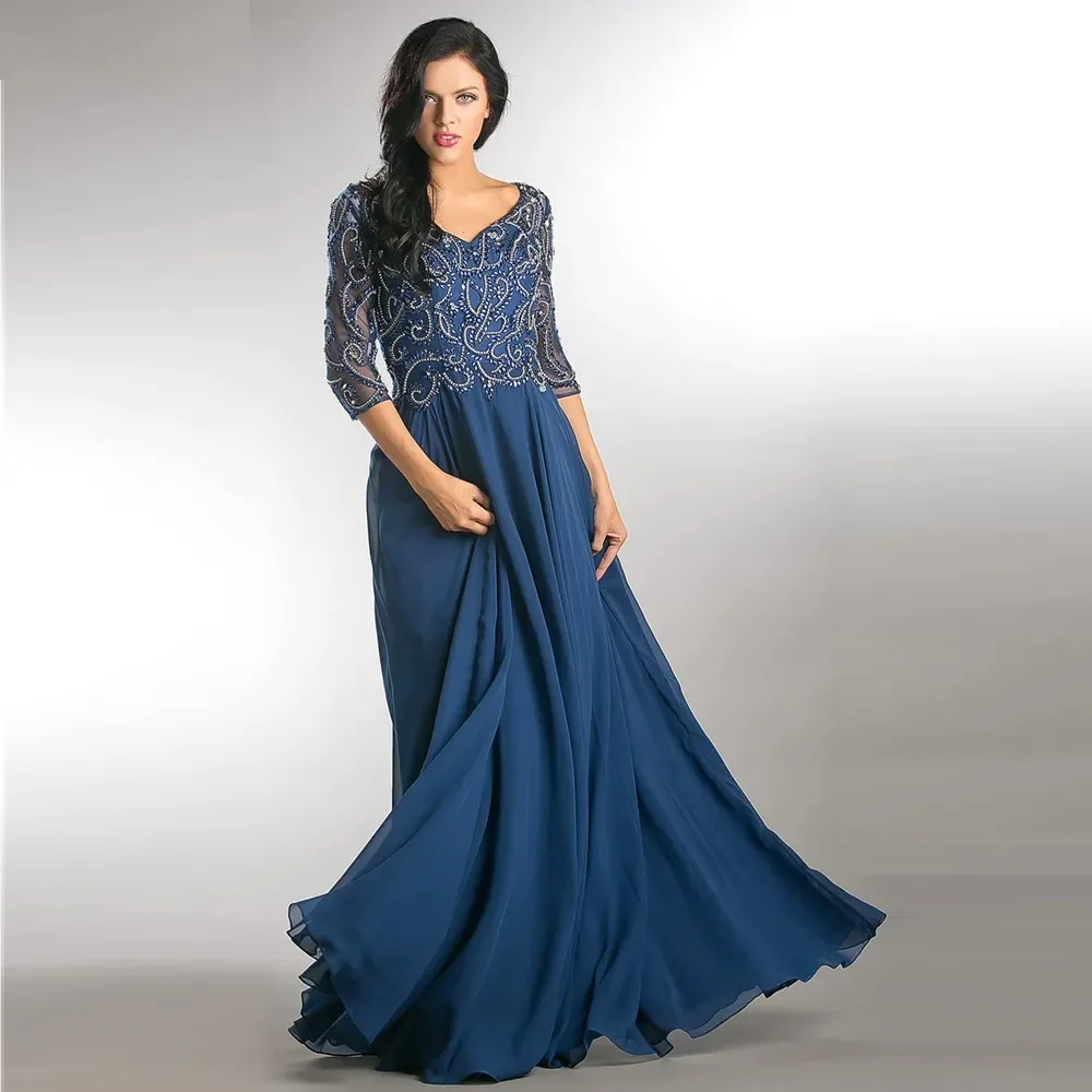 

2024 A line Champagne half Sleeves Chiffon Appliques Long Groom Mother Dresses Plus Size Mother Of The Bride Dresses For Wedding