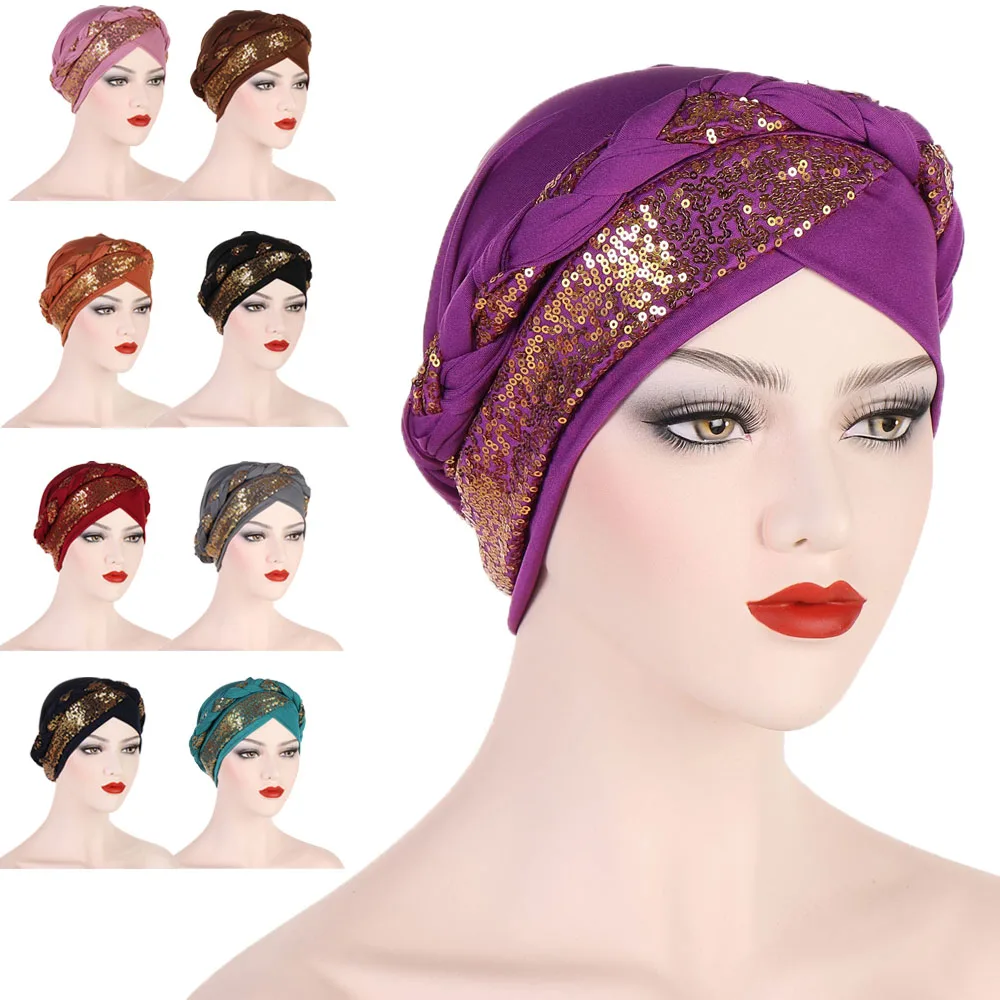 

Fashion Women Muslim Braids Sequins Hijab Turban Chemo Caps Bonnet Cancer Hair Loss Hat Beanie India Femme Head Wrap Scarf Cover