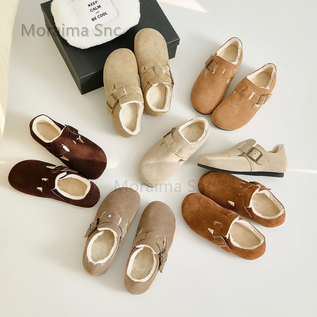 

Metal Buckle Winter Plush Warm Cotton Shoes Women's Cow Suede Casual Shoes Round Toe Birkenstocks Shallow Snow Boots for Women