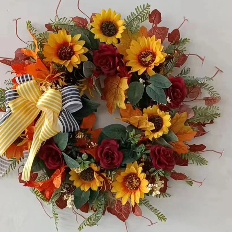 

Artificial Fall Wreath Decoration Sunflower Autumn Wreaths Farmhouse Front Door Wall Decor Thanksgiving Garland Christmas Decor