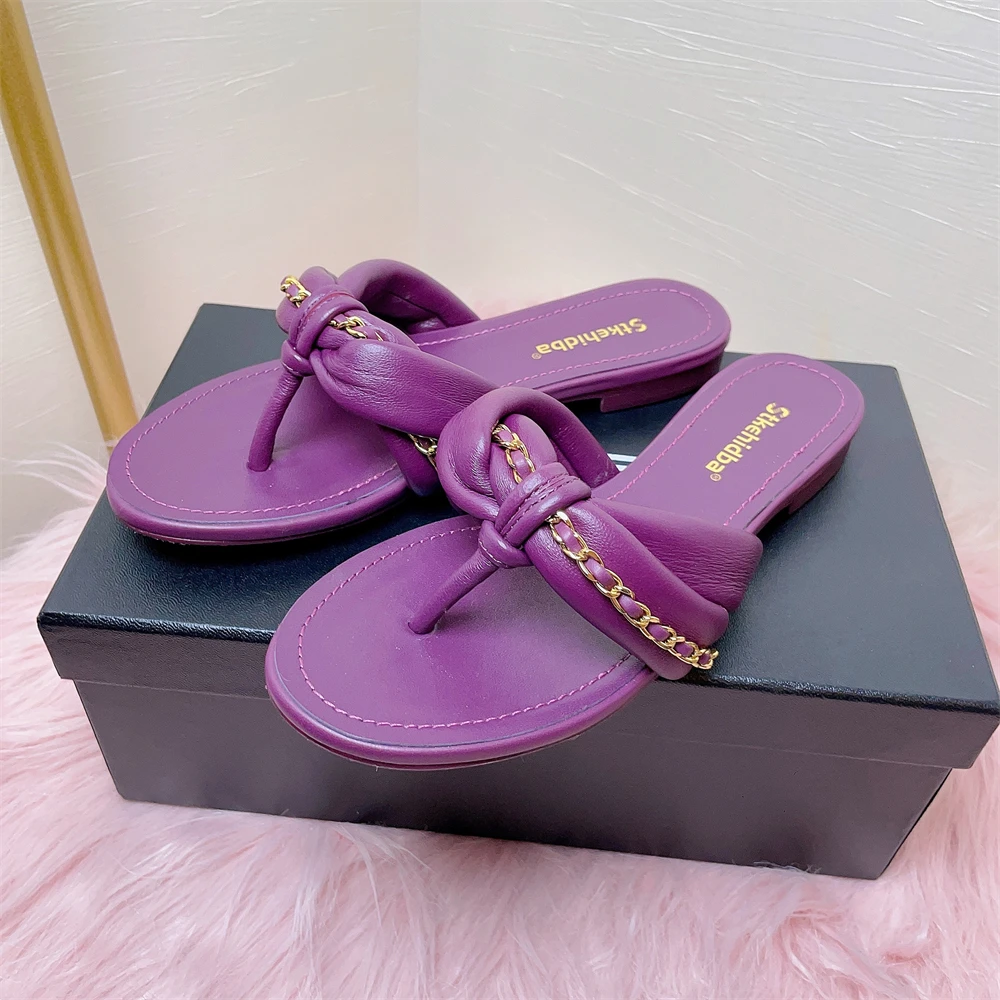 

Genuine Leather Women's Slippers Lux Design Brand Leather Shoes For Woman Summer Chain Slides For Woman Size 35-39