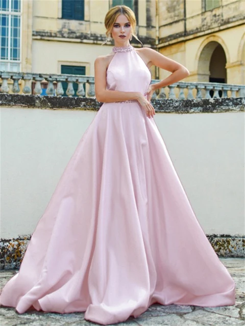 Eleganckie różowe suknie balowe dla kobiet 2023 Halter bez rękawów  frezowanie Backlss Sweep Train formalne wieczorowe
