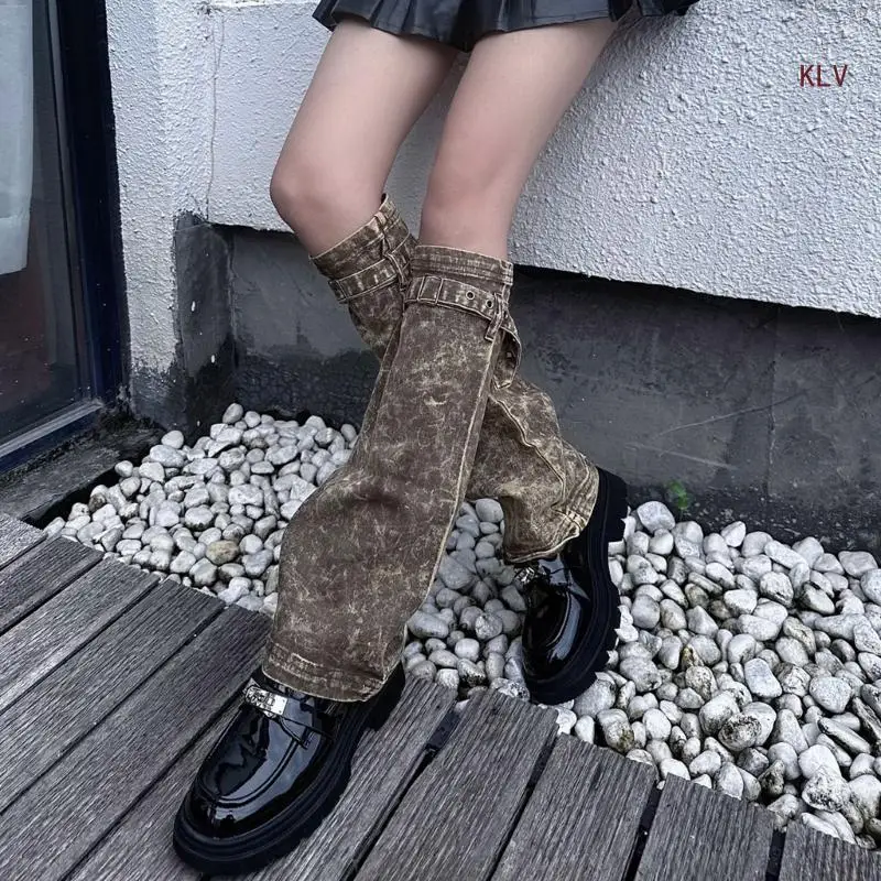 

Женские гетры с пряжкой, джинсовые длинные носки в стиле Харадзюку, чулки 6XDA