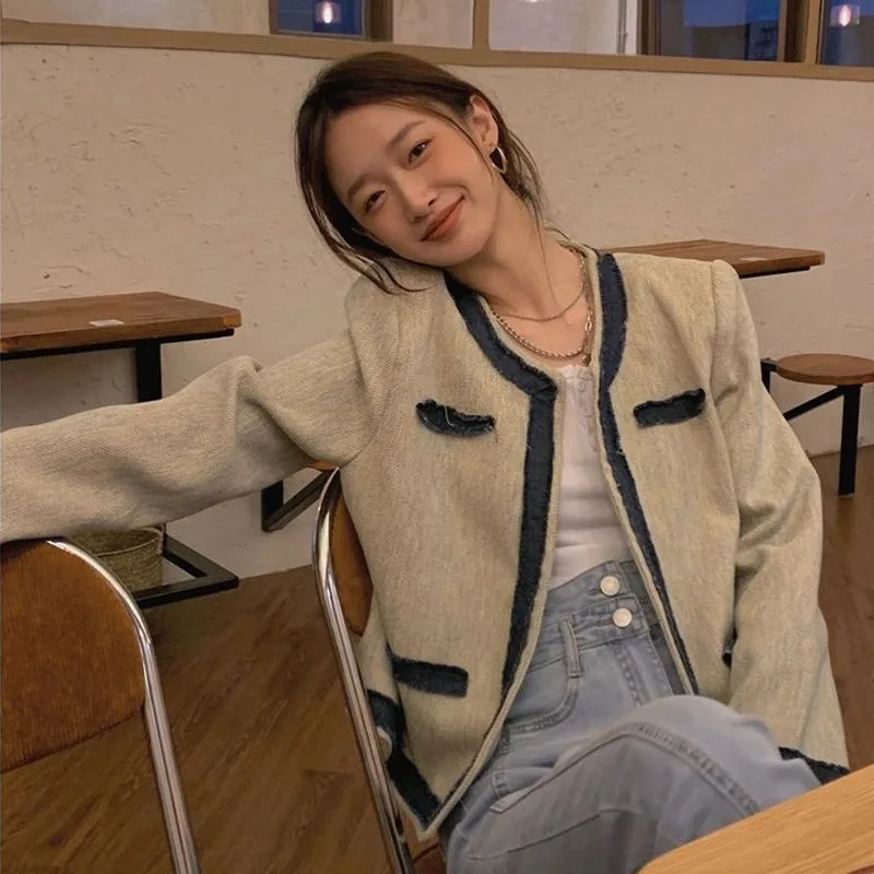 2023 Women Jacket Early Autumn New Korean Long-sleeved O-neck Denim Coat Female Patchwork Casual Solid Color Office-lady Coat koijizayoi women solid korean blouse long sleeves o neck fashion office lady spring autumn shirt o neck chic korean blusas