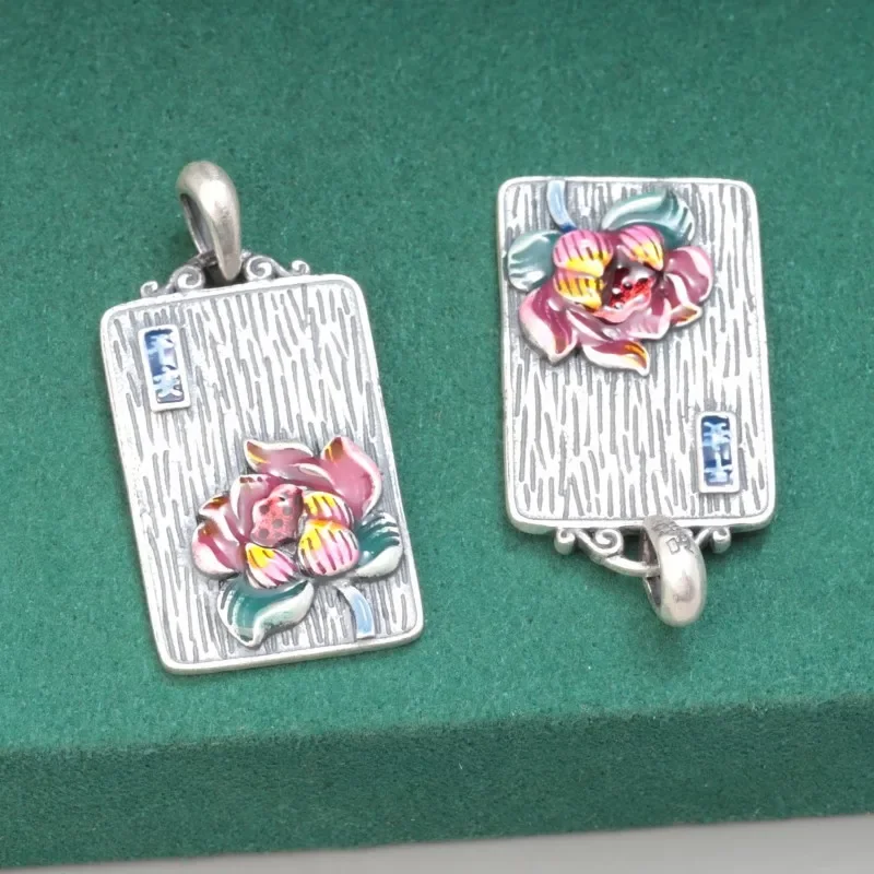 999 Pure Silver Enamel Craft Geometric Pendants For Women Vintage Ethnic Rectangle Lotus Pendant Jewelry Wholesale DZ056