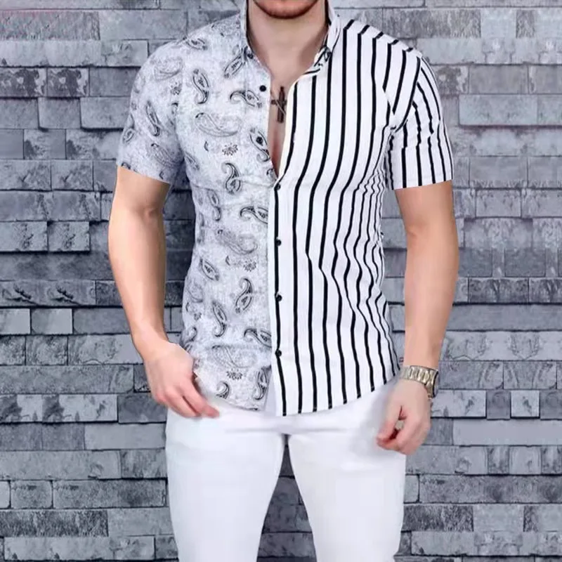 button up short sleeve shirts & tops Summer New Short Sleeve Shirts Men New Fashion Striped Pattern Print Patchwork Shirt Mens Casual Button-up Turn-down Collar Tops short sleeve shirts