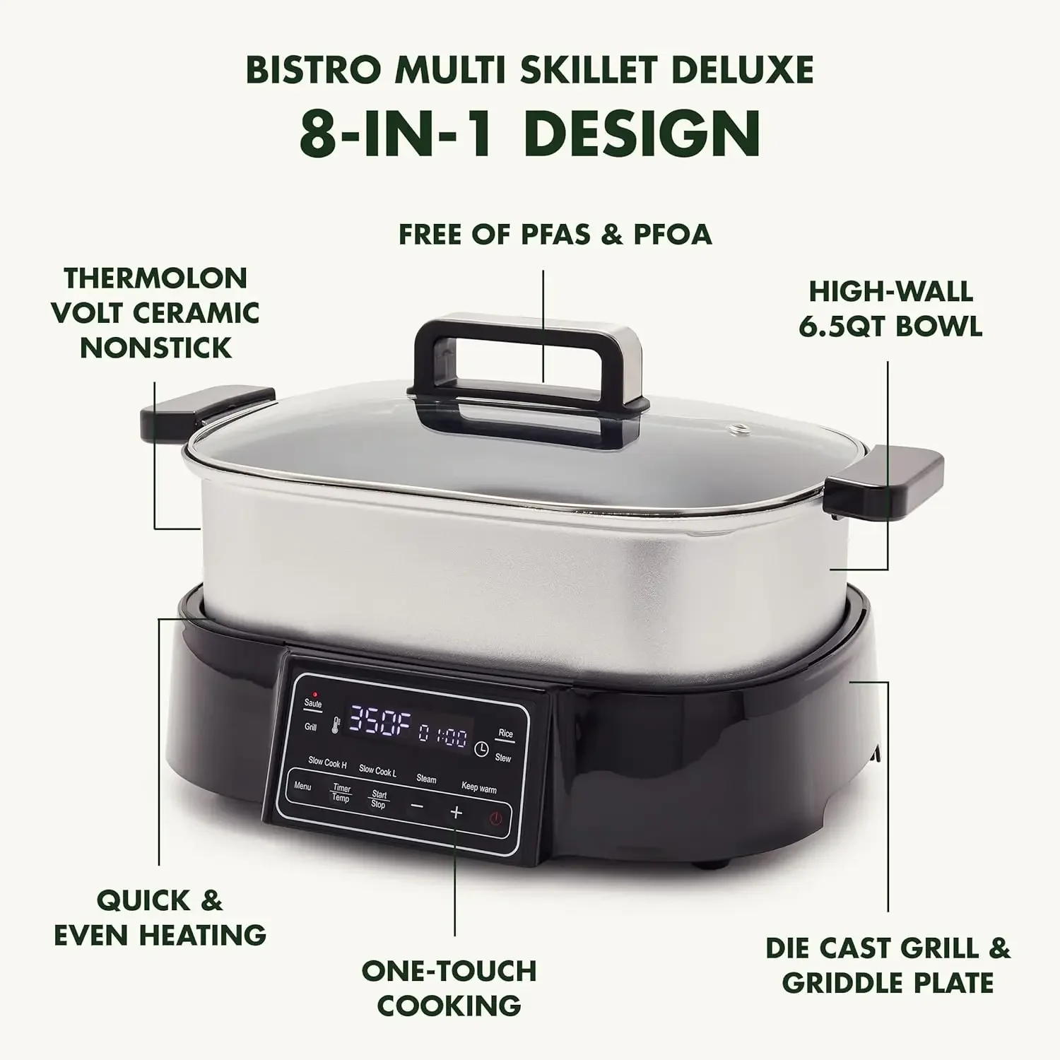 Stainless Steel 8-in-1 Skillet Grill & Slow Cooker, Presets to Saute Steam Stir-Fry and Cook Rice, Healthy Ceramic Nonstick and 4