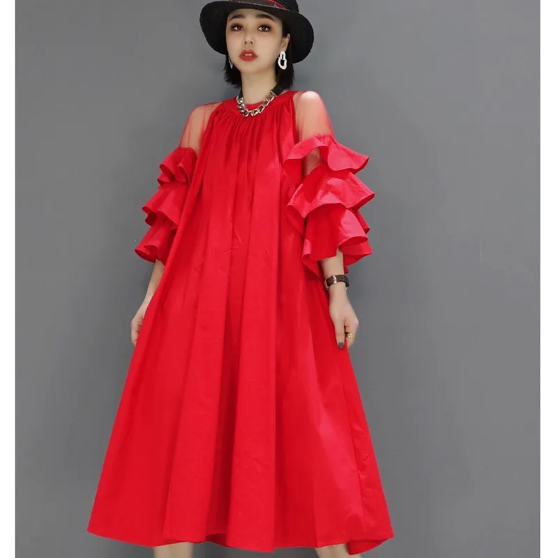 

2023 Spring Summer Round Neck Ruffle Sleeve Dress Loose Mid-length Dress