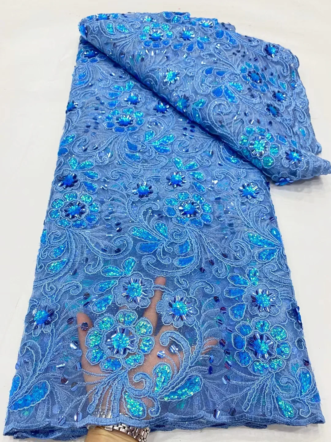 

Blue and Red Nigerian Mesh Lace Fabric with Sequins Woolen Embroidery Africa Fabrics Sewing Material for Winter Dresses 5Yards