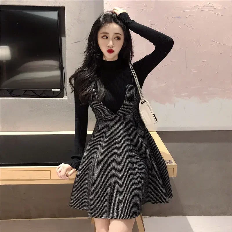 Knee Length Casual Korean Black Dress Women's Summer Puff Sleeve