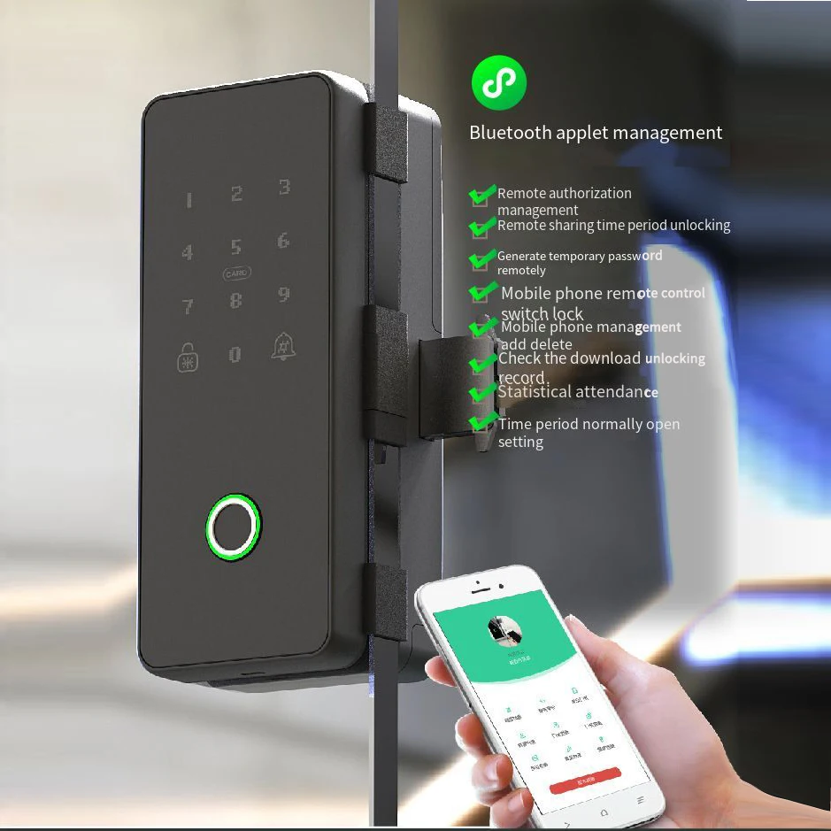 

Black Security Automatic Mobile Bluetooth Attendance Function Office Locks Stainless Steel Double Hooks Bolt Glass Door Locks