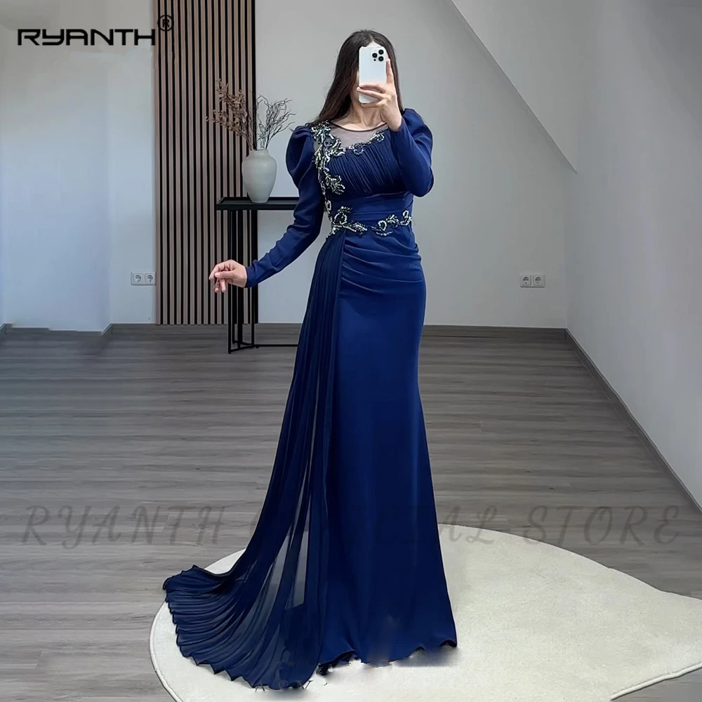 

Ryanth Mermaid Evening Dresses Long Sleeves Appliques Prom Gowns Arabic Celebrity Dresses Formal Occasion Dresses for Women