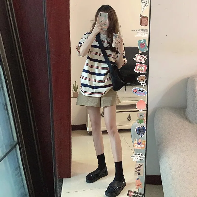 Maternity Summer Suit Short-Sleeved Fashion Summer New Shorts Casual Lazy Striped Top Short-Sleeved Shorts Two-Piece Set Yankee 3