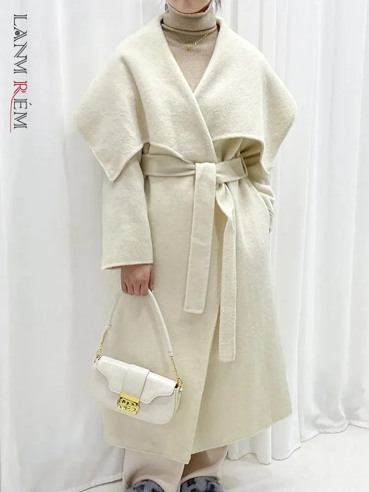 

LANMREM Loose Wool Long Coat Women Fashion Lapel Belt Gathered Waist Solid Color Jackets 2023 Winter New Clothing 2AA3479