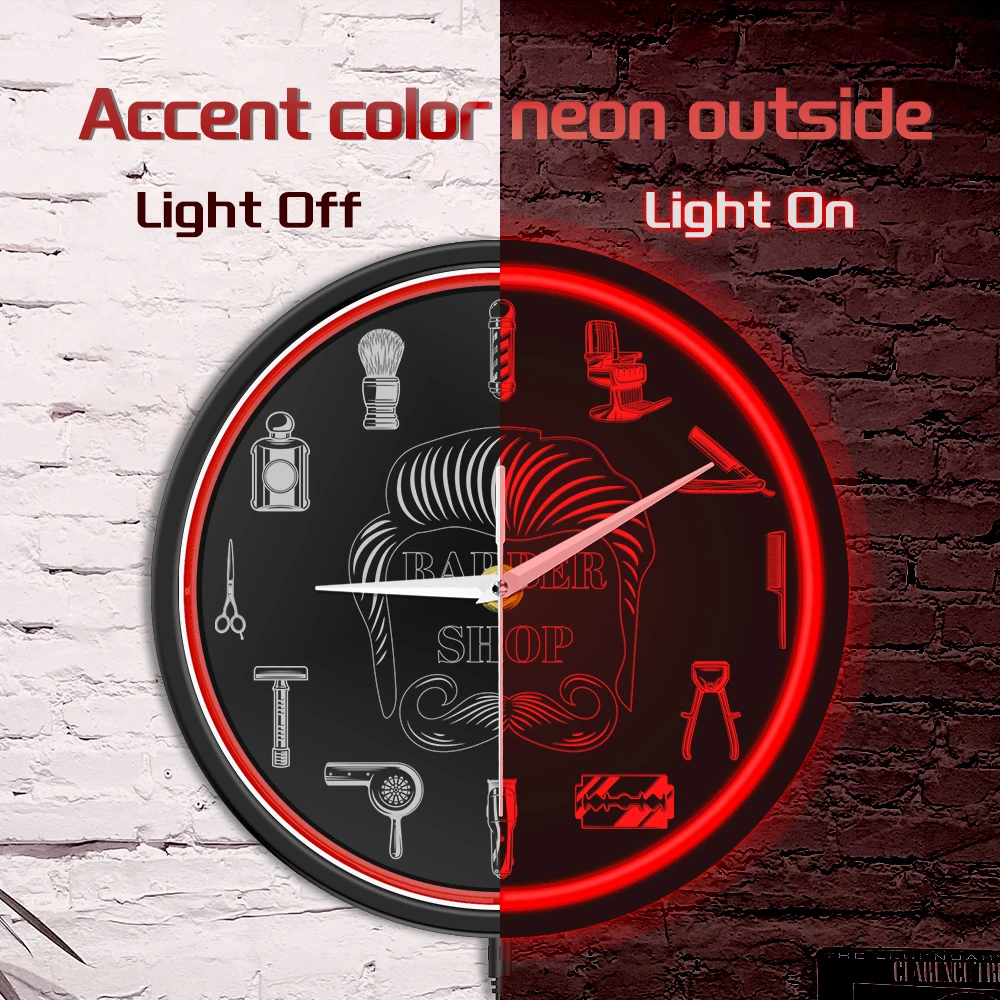 Barber Shop Red Neon Logo Metal Frame Wall Clock for Man Cave Barbering Business Sign Flexible Flex illuminated Neon Wall Clock