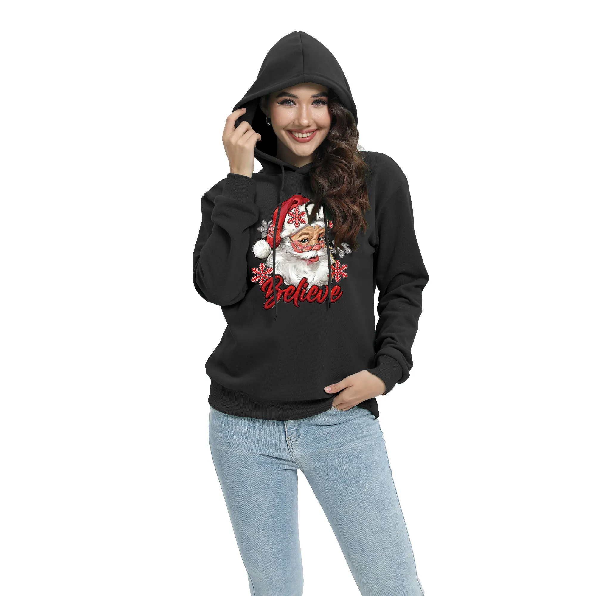 

BELIEVE Christmas Fashion Pullover Sweatshirt Long sleeved Santa Claus Print Men's and Women's Large Hoodie