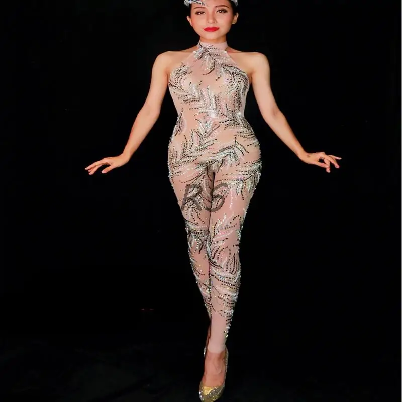 

New Rhinestones Pattern See Through Sexy Jumpsuit One-Piece Outfit Female Singer Bar Nightclub Party Transparent Mesh Jumpsuit