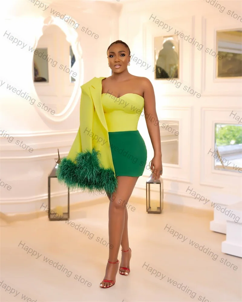 

Designer Yellow Green Women Suit Skirt Set 2 Piece Feather Blazer+Short Mini Prom Dress Wedding Tuxedo Tailored Jacket Coat